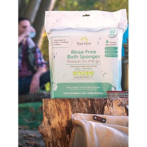 Rinse Free Sponge Bath Wipes (90-pack) | Extra Large & Thick No Rinse Waterle...