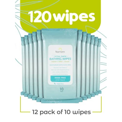 Ultra Thick Rinse Free No Shower Body Bathing Wipes (12 pack) | 120 Extra Lar...