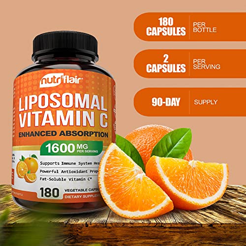 NutriFlair Liposomal Vitamin C 1600mg, 180 Capsules - High Absorption, Fat So...