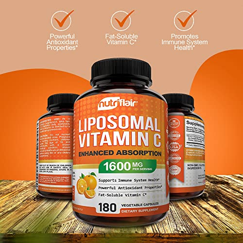 NutriFlair Liposomal Vitamin C 1600mg, 180 Capsules - High Absorption, Fat So...
