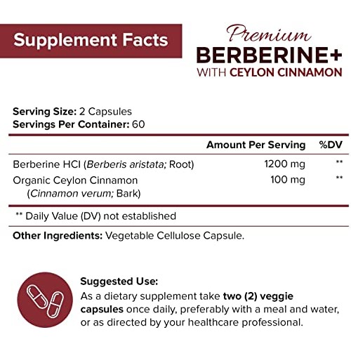NutriFlair Premium Berberine HCL 1200mg Plus Pure, True Ceylon Cinnamon - 120...