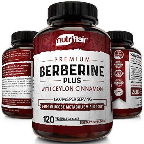 NutriFlair Premium Berberine HCL 1200mg Plus Pure, True Ceylon Cinnamon - 120...