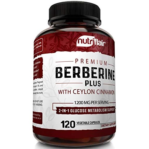 NutriFlair Premium Berberine HCL 1200mg Plus Pure, True Ceylon Cinnamon - 120...