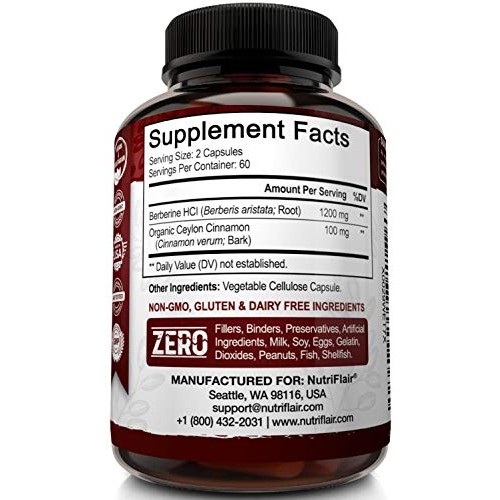 NutriFlair Premium Berberine HCL 1200mg Plus Pure, True Ceylon Cinnamon - 120...