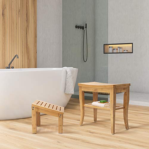 OasisCraft Bamboo Shower Bench Chair with Foot Stool and Free Soap Dish, Wood...