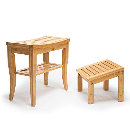 OasisCraft Bamboo Shower Bench Chair with Foot Stool and Free Soap Dish, Wood...