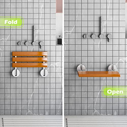 OasisSpace 20” Teak Folding Shower Seat Bench, Medical Wall Mounted Fold Down...