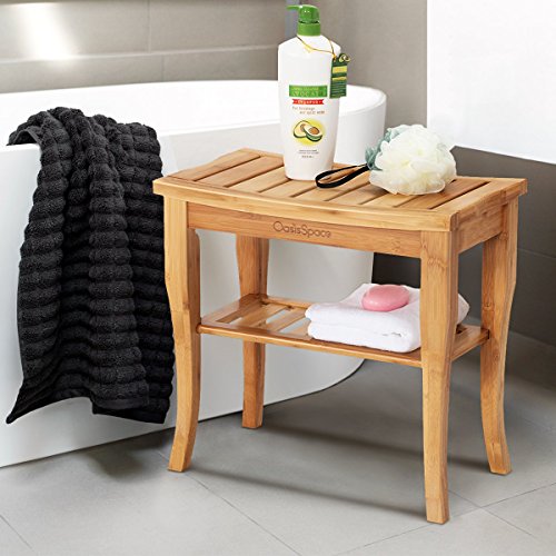 OasisSpace Bamboo Shower Bench, 19" Waterproof Shower Chair with Storage Shel...