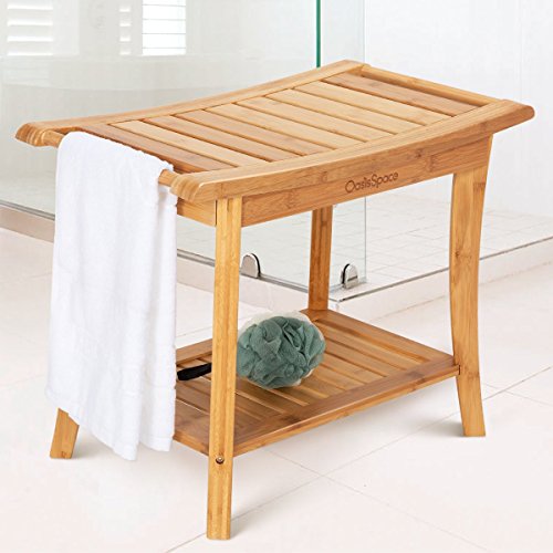 OasisSpace Bamboo Shower Bench, 24" Waterproof Shower Chair with Storage Shel...