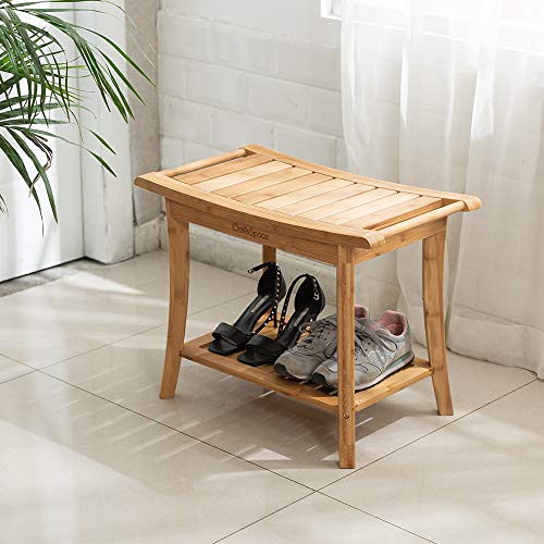 OasisSpace Bamboo Shower Bench, 24" Waterproof Shower Chair with Storage Shel...