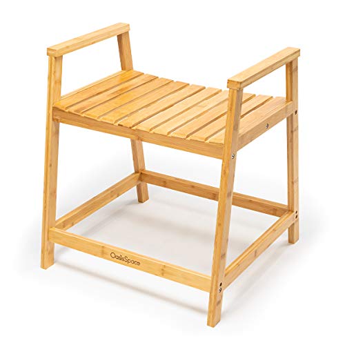 OasisSpace Bamboo Shower Bench - Waterproof Shower Chair Seat Stool with Arms...