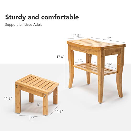 OasisSpace Bamboo Shower Bench with Underneath Storage Shelf, Wood Spa Bath O...