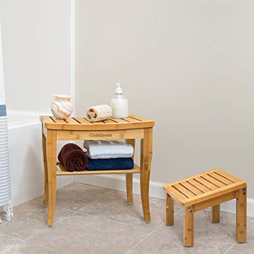 OasisSpace Bamboo Shower Bench with Underneath Storage Shelf, Wood Spa Bath O...