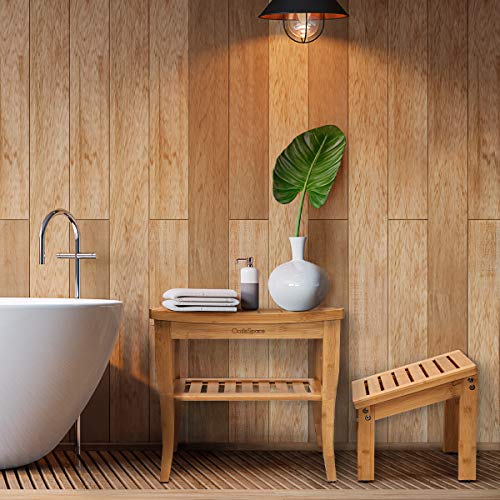 OasisSpace Bamboo Shower Bench with Underneath Storage Shelf, Wood Spa Bath O...