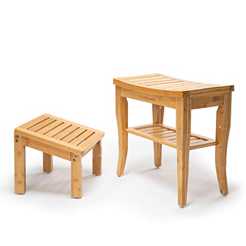 OasisSpace Bamboo Shower Bench with Underneath Storage Shelf, Wood Spa Bath O...