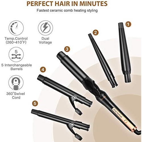 Curling Irons, O'Bella 5 in 1 Curling Wands, Metal Handle 0.5-1.25 Inch 5 Int...