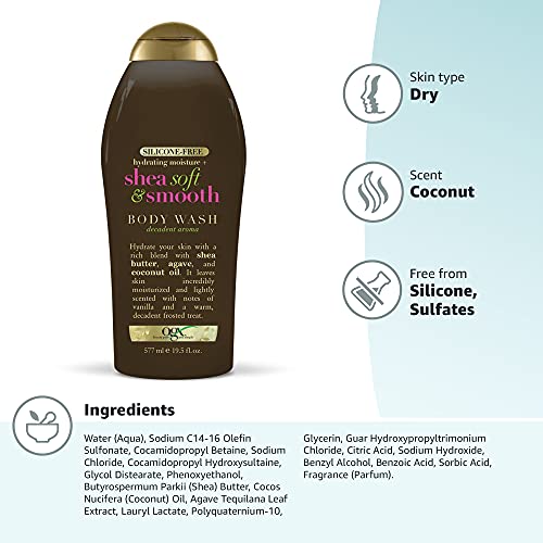 OGX Hydrating Moisture + Shea Soft & Smooth Body Wash, Coconut, 19.5 Fl Oz