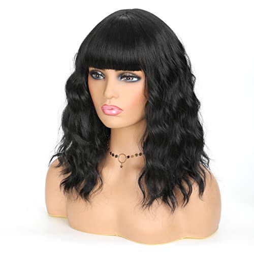 OkeBeauty Short Black Wavy Wig with Bangs 14 Inch Black Wavy Bob Wig for Wome...