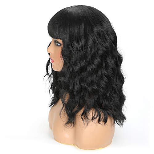 OkeBeauty Short Black Wavy Wig with Bangs 14 Inch Black Wavy Bob Wig for Wome...