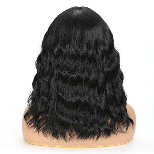 OkeBeauty Short Black Wavy Wig with Bangs 14 Inch Black Wavy Bob Wig for Wome...