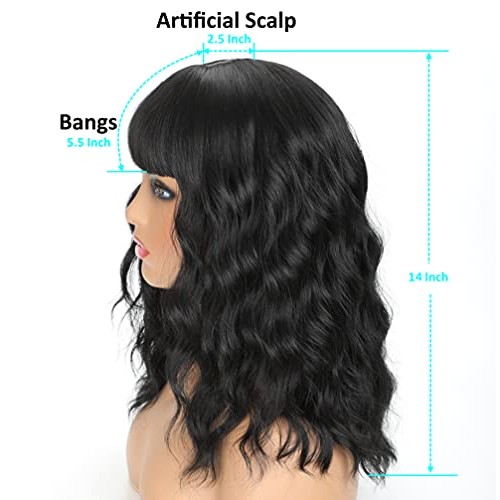 OkeBeauty Short Black Wavy Wig with Bangs 14 Inch Black Wavy Bob Wig for Wome...
