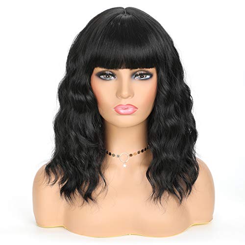 OkeBeauty Short Black Wavy Wig with Bangs 14 Inch Black Wavy Bob Wig for Wome...