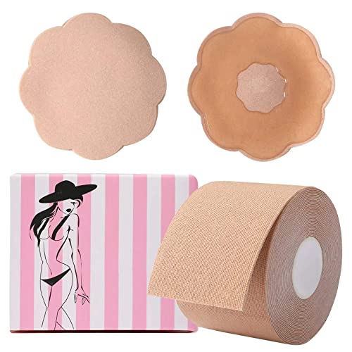 Boob Tape and 2 Pcs Petal Backless Nipple Cover Set, Breathable Breast Lift T...