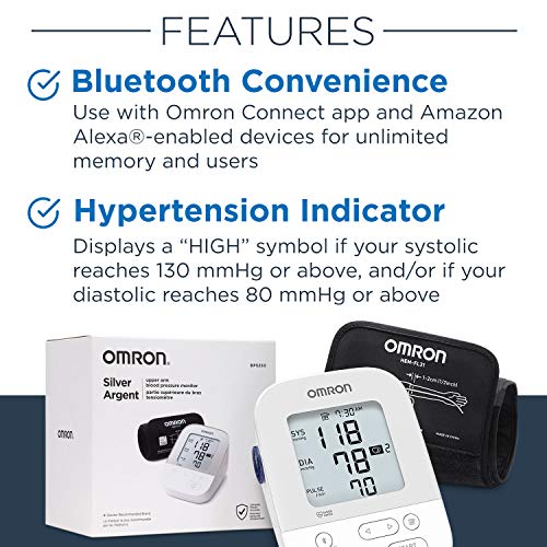 OMRON Silver Blood Pressure Monitor, Upper Arm Cuff, Digital Bluetooth Blood ...