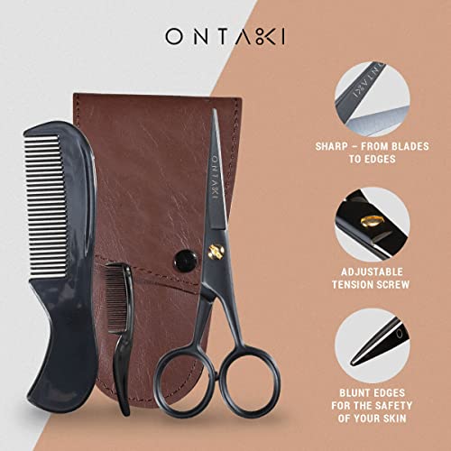 ONTAKI Professional German Beard & Mustache Scissors With Comb & Carrying Pou...