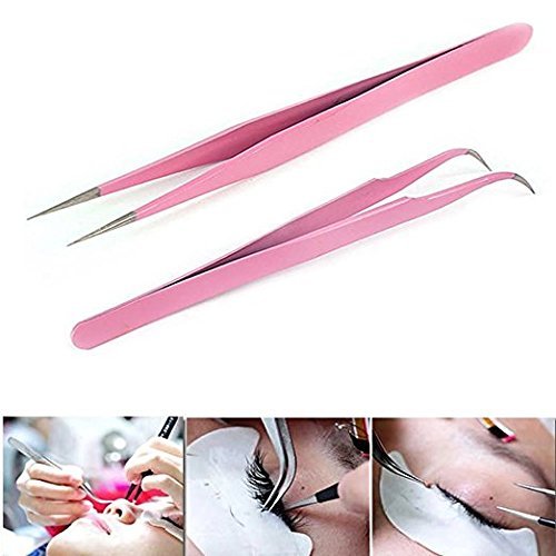 Onwon 2 Pcs Pink Stainless Steel Tweezers for Eyelash Extensions, Straight an...
