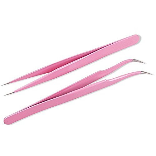 Onwon 2 Pcs Pink Stainless Steel Tweezers for Eyelash Extensions, Straight an...