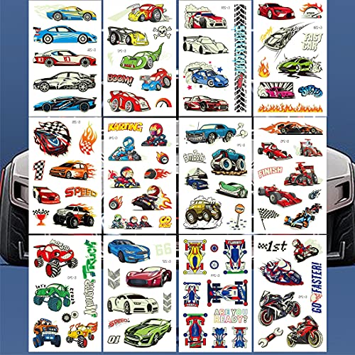 Ooopsiun Luminous Race Car Supplies Temporary Tattoos for Boys -12 Sheets Glo...