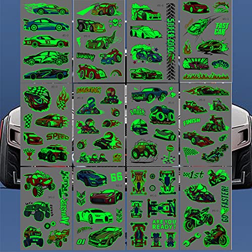 Ooopsiun Luminous Race Car Supplies Temporary Tattoos for Boys -12 Sheets Glo...
