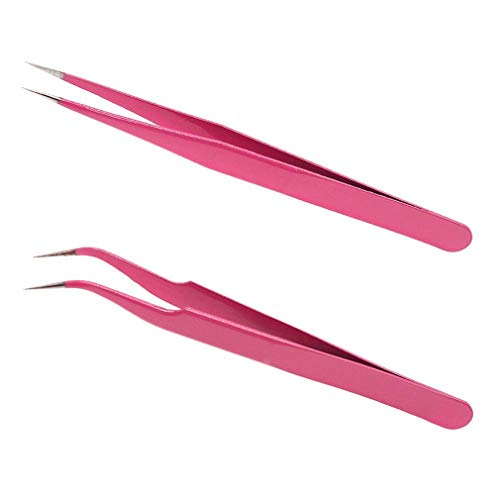 Optokeko 2 Pieces Pink Stainless Steel Lash Tweezers for Professional Eyelash...