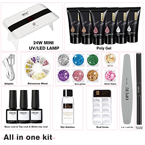 OPUIU Poly Extension Gel Nail Kit with UV Lamp, 6 Clear White Pink Coffee Pol...