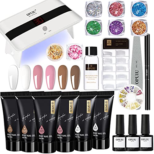 OPUIU Poly Extension Gel Nail Kit with UV Lamp, 6 Clear White Pink Coffee Pol...