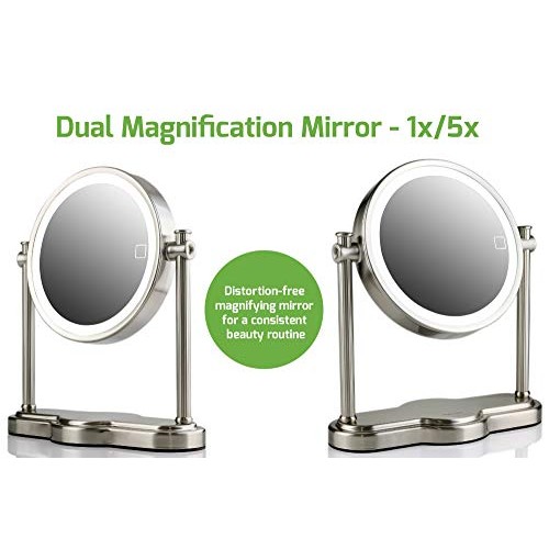 Ovente 8" Tabletop Lighted Makeup Mirror, 1X & 5X Magnifier, Double Sided Rou...