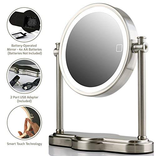 Ovente 8" Tabletop Lighted Makeup Mirror, 1X & 5X Magnifier, Double Sided Rou...