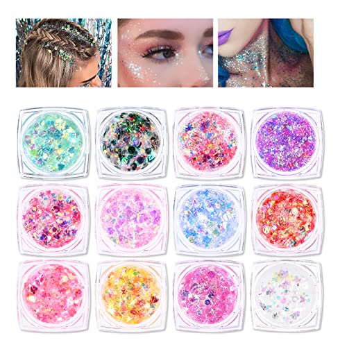 Ownest 12 Colors Holographic Chunky Glitter Gel Set, Christmas Party Makeup F...