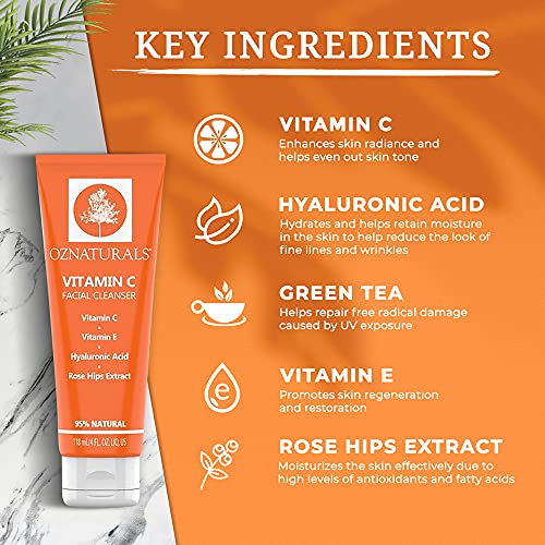 OZNaturals Vitamin C Face Wash With Hyaluronic Acid, Rosehip Oil, Aloe Vera &...