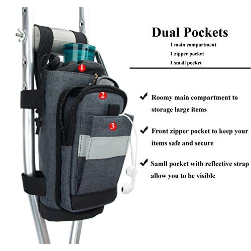 Crutch Bag Lightweight Crutch Accessories Storage Pouch with Reflective Strap...