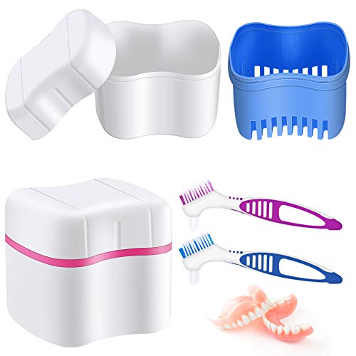 2 Denture Bath Cases Denture Cups with 2 Denture Cleaner Brushes Denture Boxe...