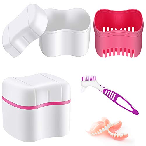 Denture Bath Case with Denture Cleaner Brush Denture Toothbrush, Denture Cup ...