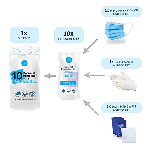 All-in-One Personal Protection Kits to GO - 10 Pack - With Plastic Gloves, Ha...