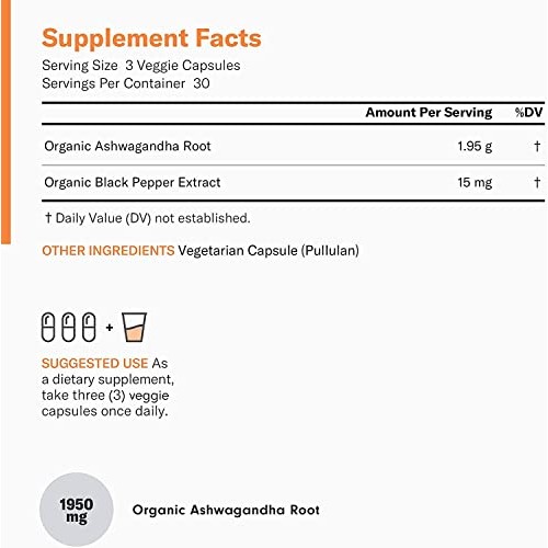 Ashwagandha 1950mg Organic Ashwagandha Root Powder with Black Pepper Extract,...