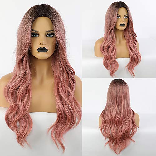 piaou Ombre Black to Pink Wig Synthetic Wigs for Women Long Natural Wave Heat...