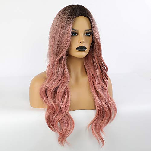 piaou Ombre Black to Pink Wig Synthetic Wigs for Women Long Natural Wave Heat...