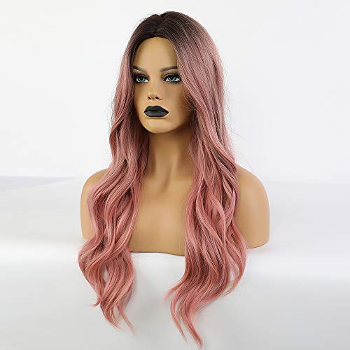 piaou Ombre Black to Pink Wig Synthetic Wigs for Women Long Natural Wave Heat...