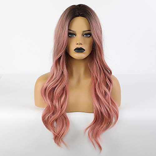 piaou Ombre Black to Pink Wig Synthetic Wigs for Women Long Natural Wave Heat...