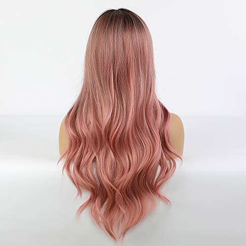 piaou Ombre Black to Pink Wig Synthetic Wigs for Women Long Natural Wave Heat...